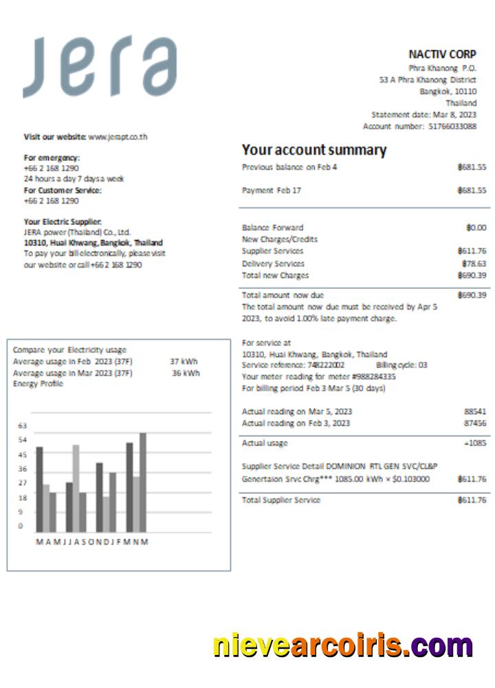 JERA power (Thailand) Co., Ltd. utility business bill